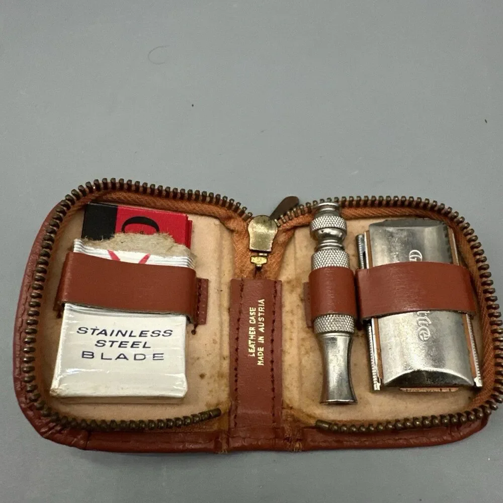 Vintage 1960s Gillette Travel Tech Safety Razor Kit - Red Leather Case - Austria